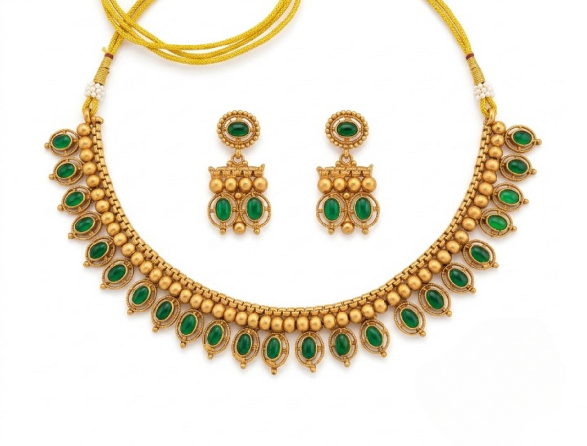 Jewel City Green Antique Gold Matte Temple Jewelry Set | Grocsy