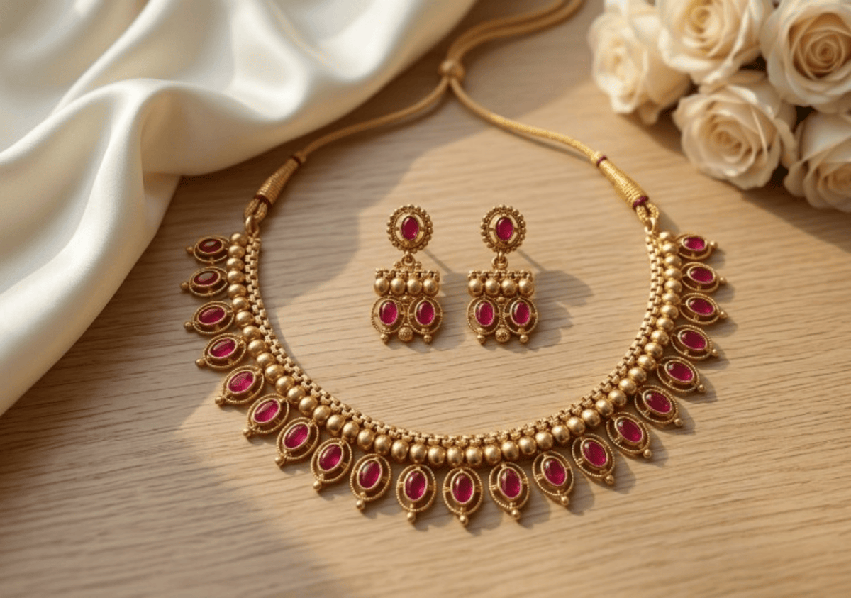 Jewel City Ruby Antique Gold Matte Temple Jewelry Set | Grocsy