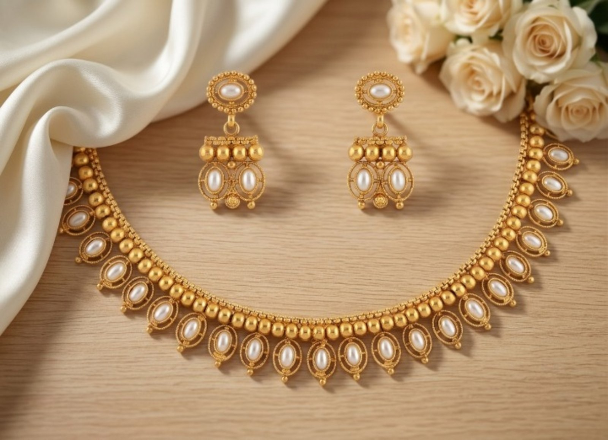 Jewel City White Antique Gold Matte Temple Jewelry Set | Grocsy