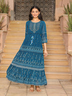 Juniper Women's The Dholitaro Blue Ethnic Motif Printed Georgette Tiered Dress With Sequins & Doris At Waist | Grocsy