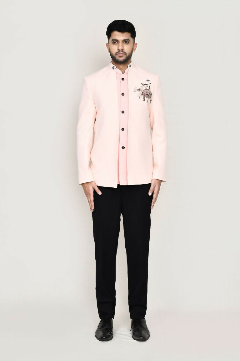 Joban Fashion Peach Colored Imported Polyester Fabric Open Prince Coat, Jacket With Pant | Grocsy