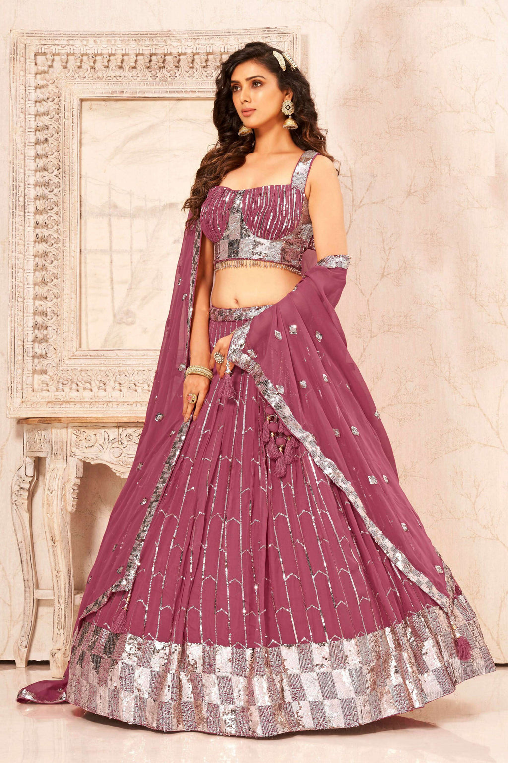 Mauve Faux Georgette Heavy Sequence work Lehenga Choli with Dupatta - Dhvani | Grocsy