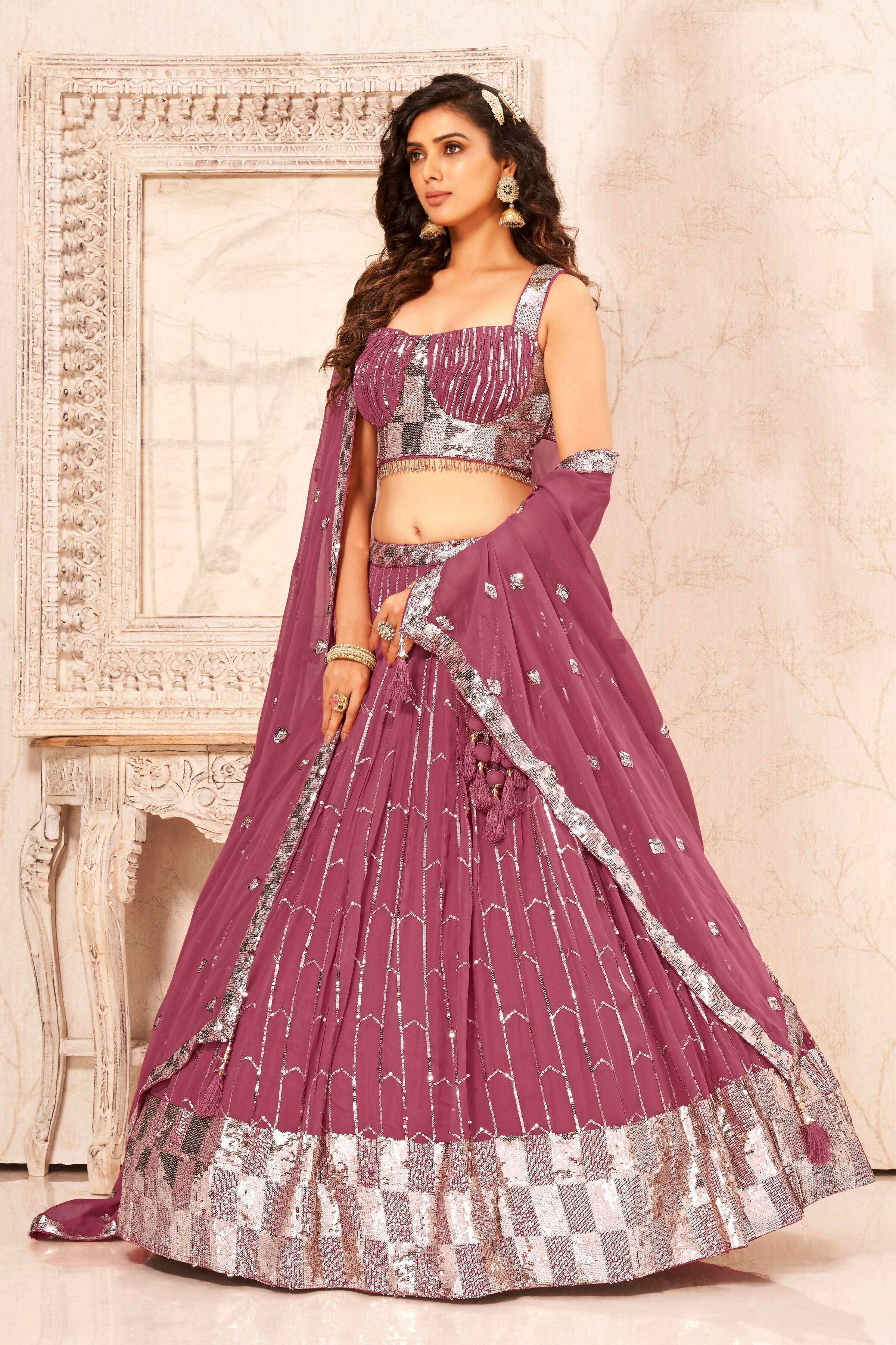 Mauve Faux Georgette Heavy Sequence work Lehenga Choli with Dupatta - Dhvani | Grocsy