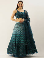 House of Panchhi Women Teal Net Embroidered Sequins Lehenga & Blouse with Dupatta | Grocsy