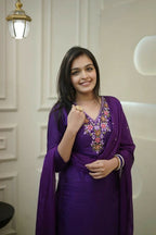The52 Purple Women's Gorgeous Vichitra Fabric Embroidered Work Straight Kurta Pant and Dupatta Set | Grocsy