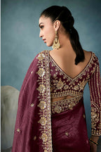 Monjolika Fashion Wine Tissue Embroidered Sequins And Zari Work Saree | Grocsy