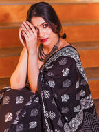 Zibaa Hand-Blocked Pure Mul Cotton Black Saree | Grocsy