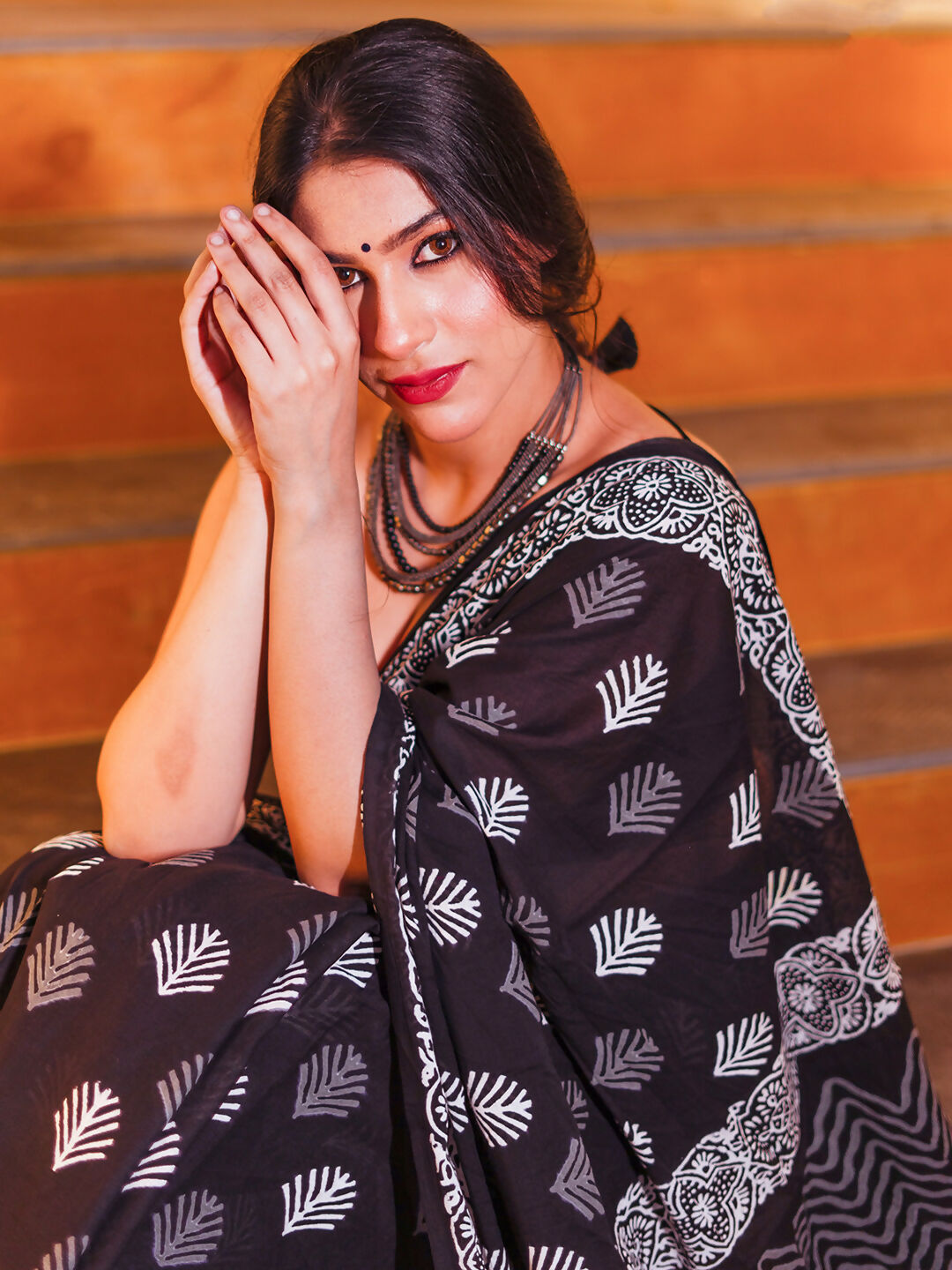 Zibaa Hand-Blocked Pure Mul Cotton Black Saree | Grocsy