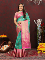 Lorenvalley Fashion Teal Cotton Woven Design Zari Meenakari Weaving Saree | Grocsy
