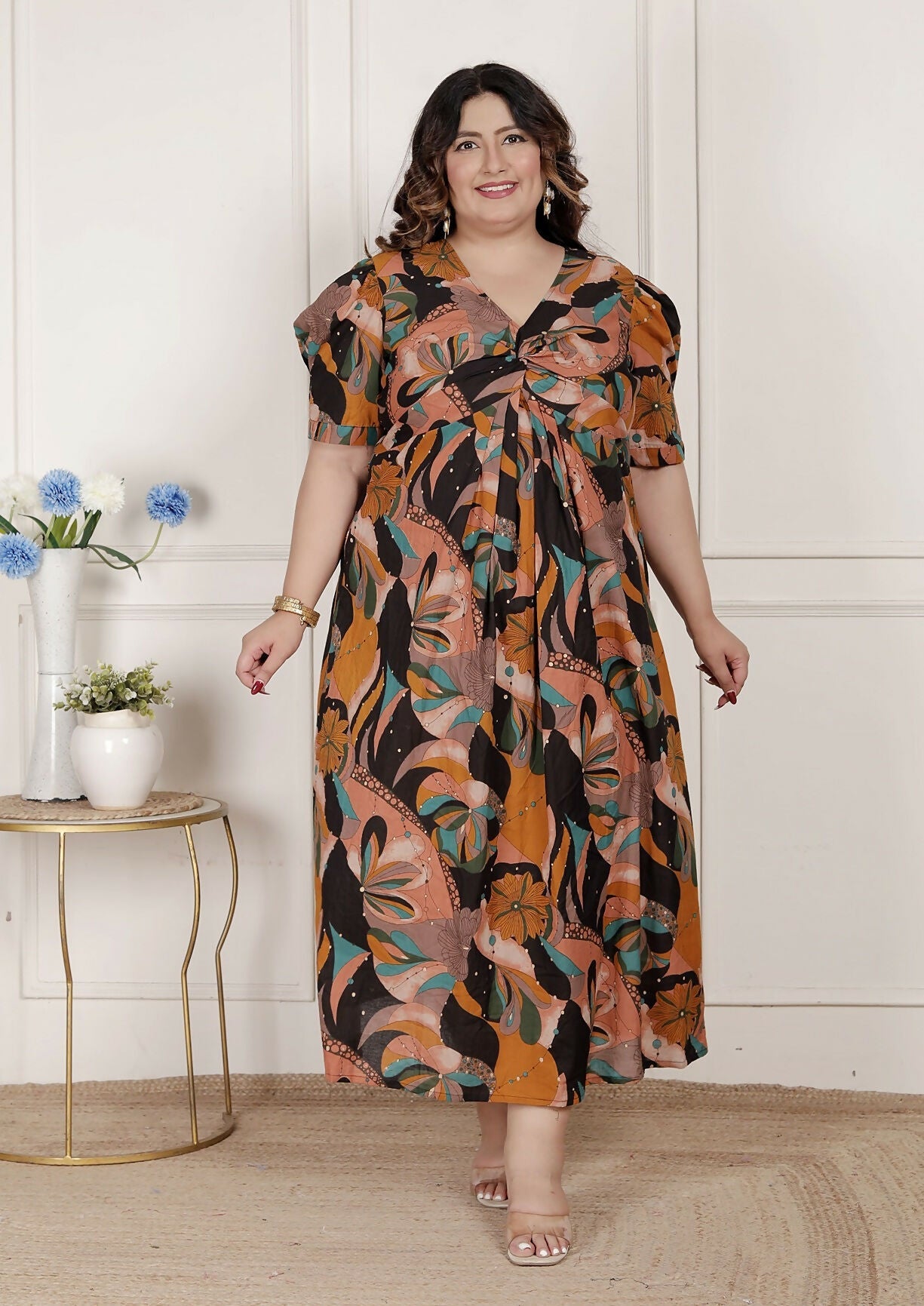 Miravan Womens Plus Size Pure Cotton Black Puff Sleeve Floral Printed Butterfly Maxi Dress | Grocsy