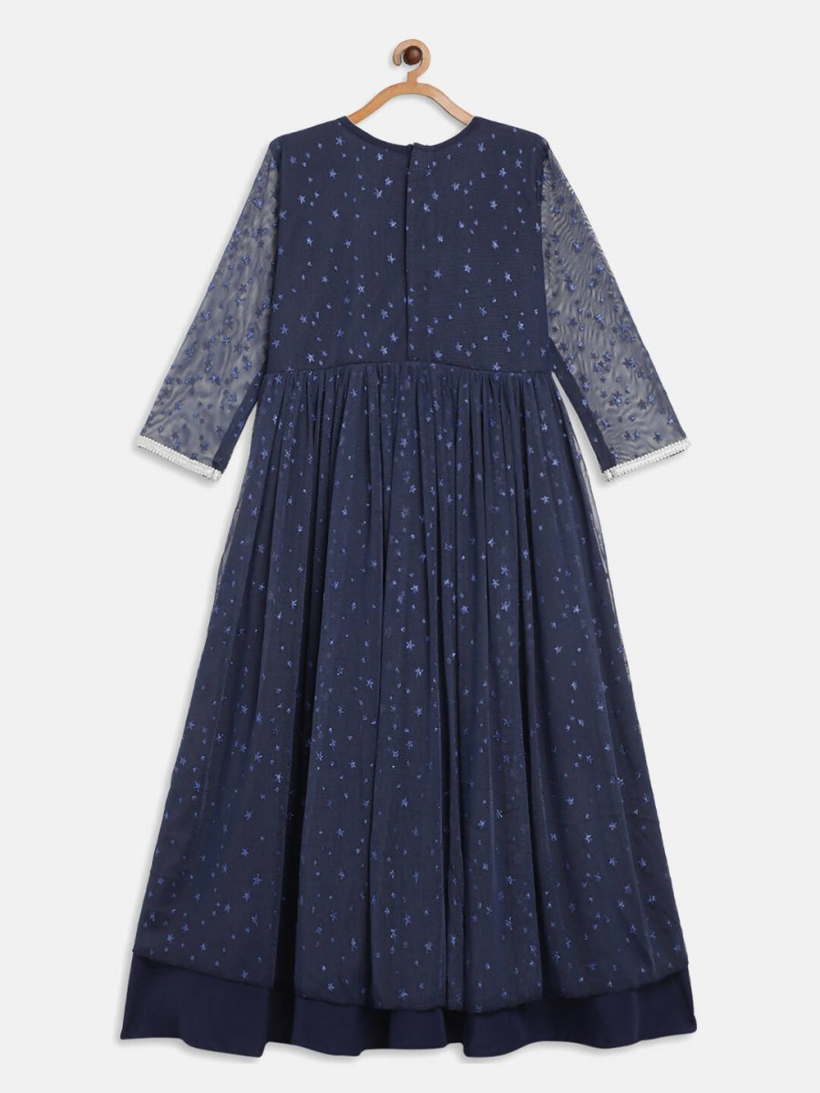Ahalyaa Navy Blue Net Foil Print Kids Dress For Girls | Grocsy