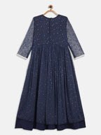 Ahalyaa Navy Blue Net Foil Print Kids Dress For Girls | Grocsy