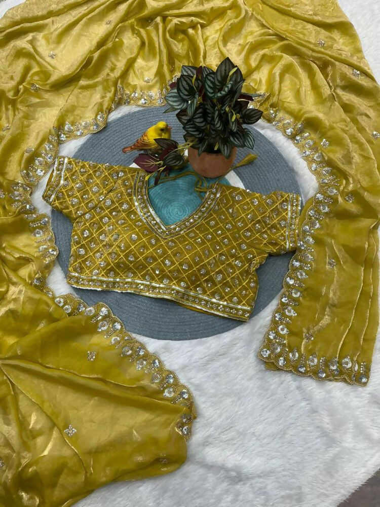 Joban Fashion Yellow Fandy Satin Silk Party Wear Sarees | Grocsy