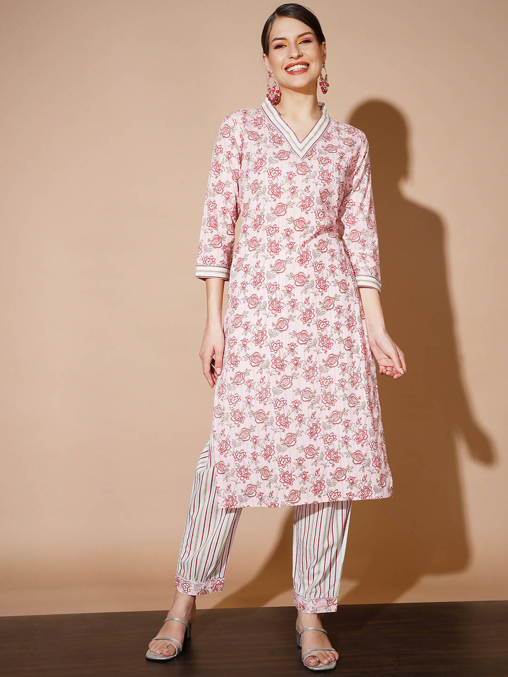 Myshka Women Pink Floral Kurta & Trousers | Grocsy