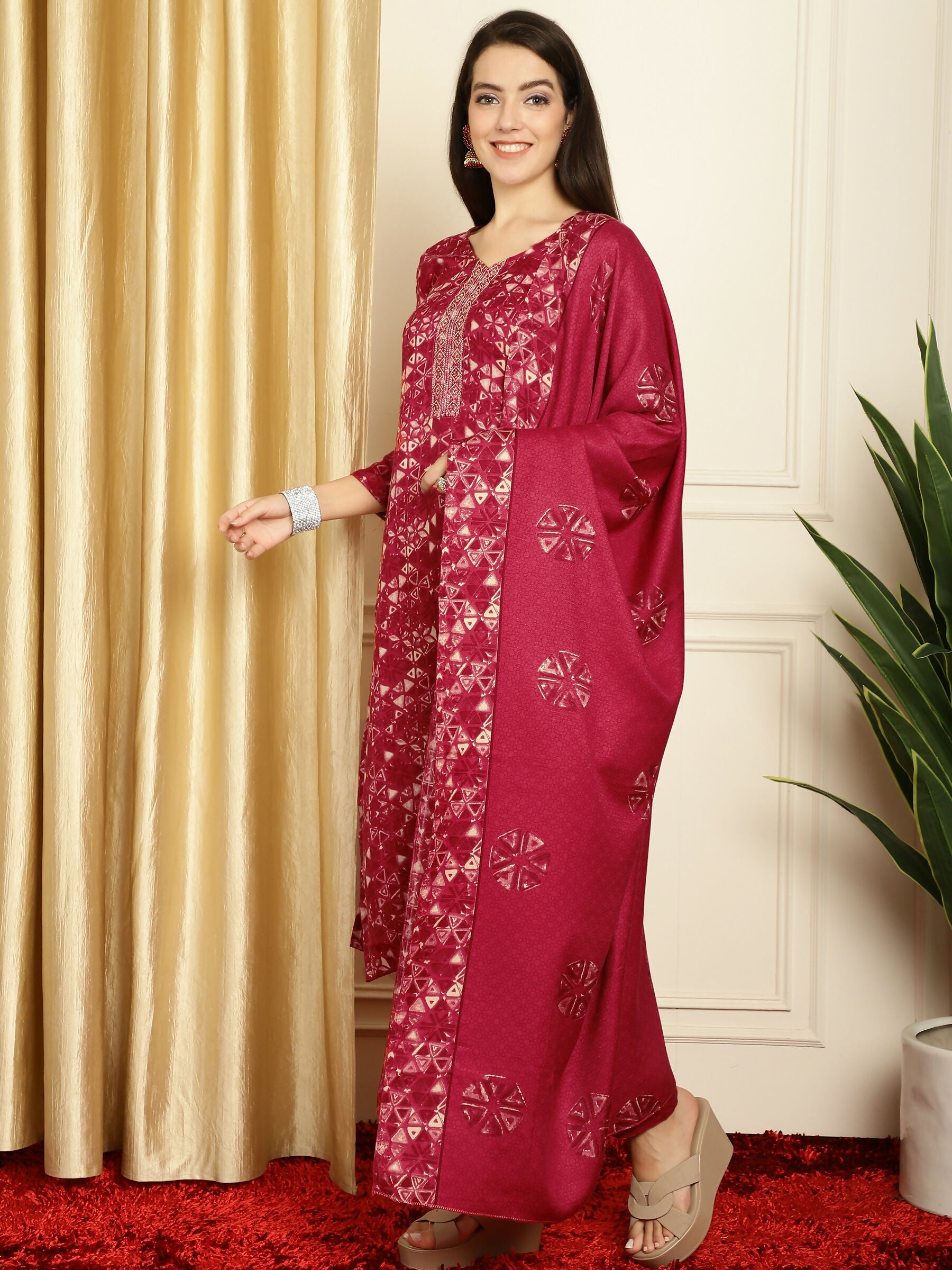 Jyoti Fashion Women's Red Pashmina Floral Digital Printed Kurta with Trouser & Dupatta | Grocsy