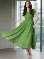 Souchii Green Printed Midi Dress – Flowy Fit & Flare | Grocsy
