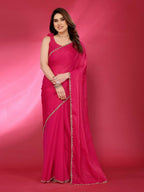 PR Fashion Pink Jimmy Choo Fabric Palin With Work Lace Saree | Grocsy