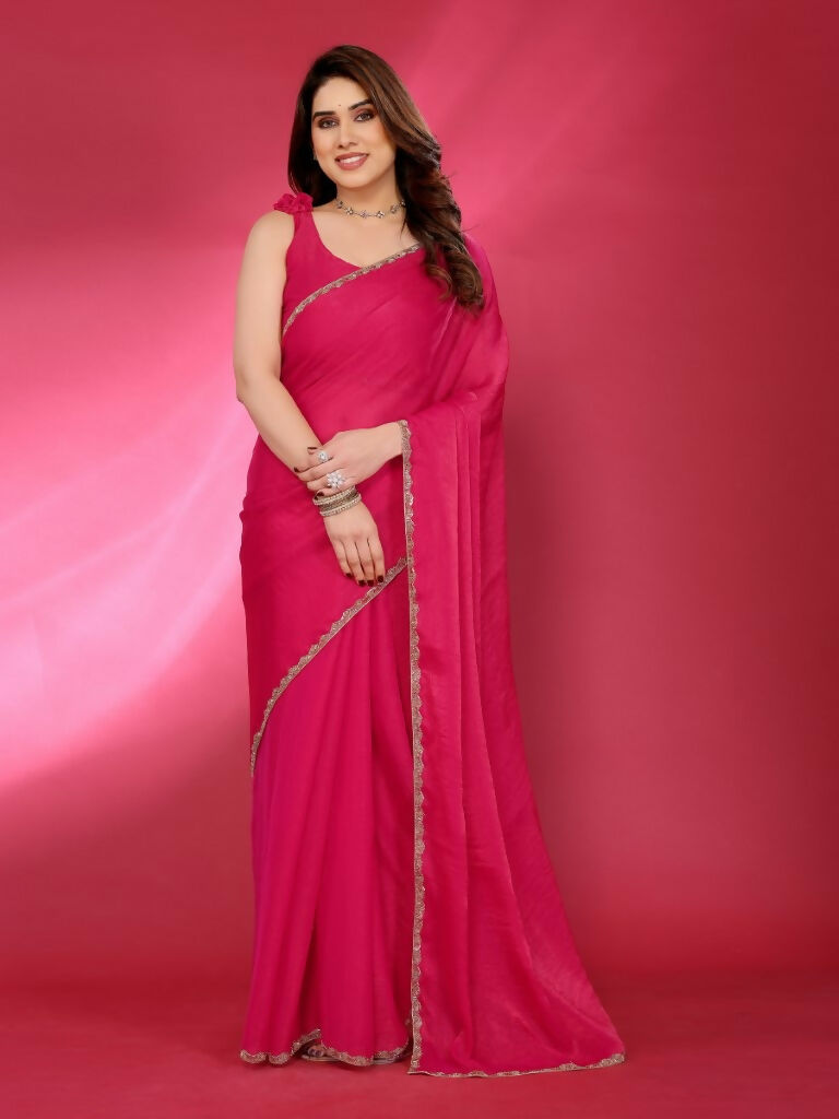 PR Fashion Pink Jimmy Choo Fabric Palin With Work Lace Saree | Grocsy