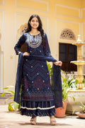 Kaajh Women's Navy Blue Embroidered Cotton Kurta Sharara Set With Dupatta | Grocsy
