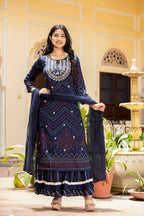 Kaajh Women's Navy Blue Embroidered Cotton Kurta Sharara Set With Dupatta | Grocsy