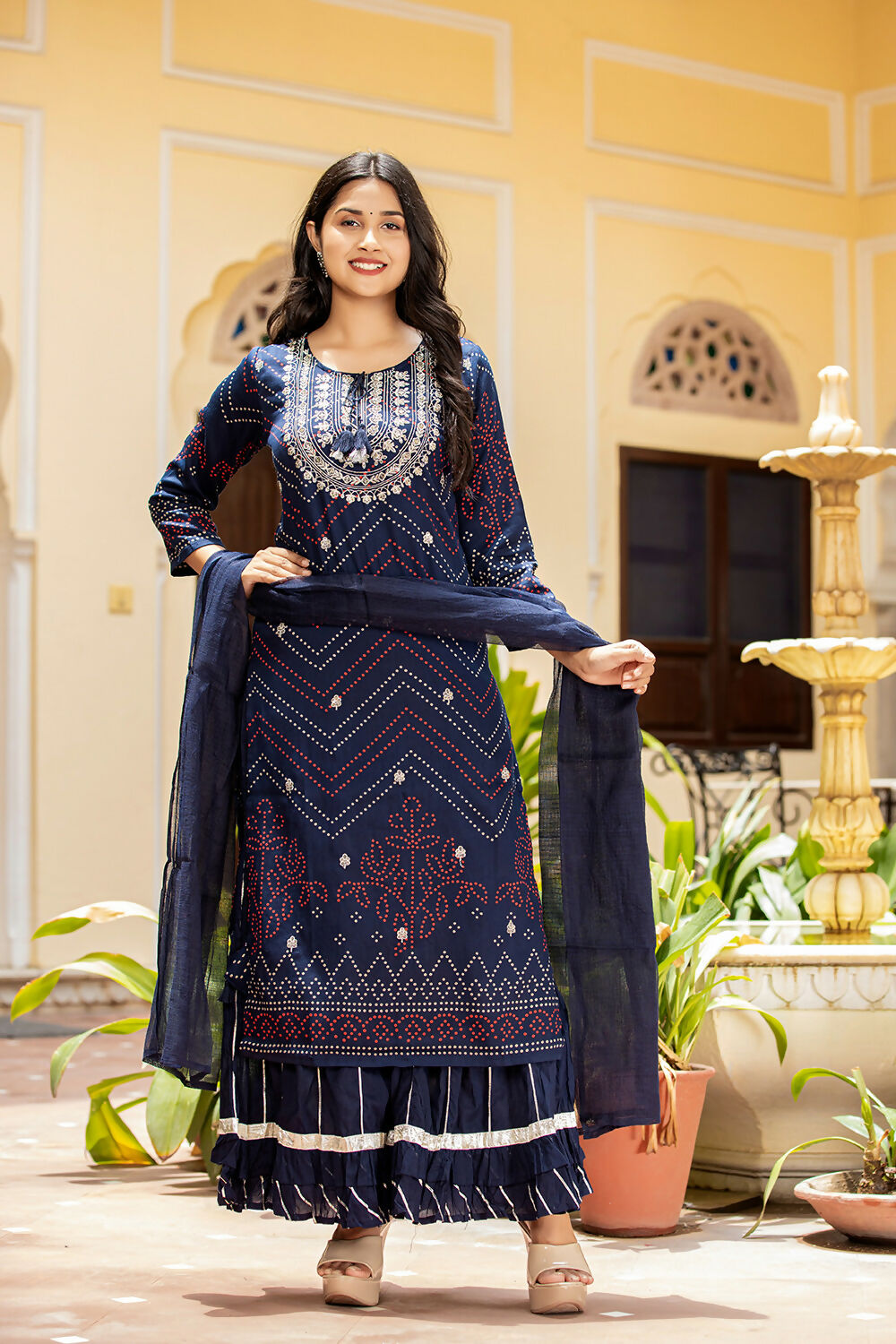 Kaajh Women's Navy Blue Embroidered Cotton Kurta Sharara Set With Dupatta | Grocsy
