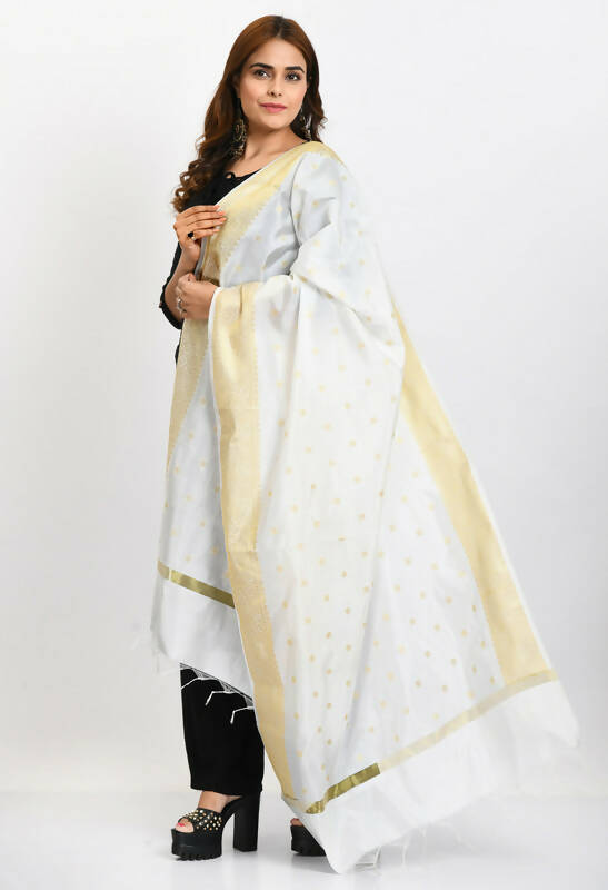 Mominos Fashion Moeza Women's Banarsi Silk Woven Design White Dupatta | Grocsy