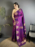 Joban Fashion Purple Motifs Zari Weaving Soft Silk Banarasi Saree | Grocsy