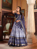 Vastranavya Occasionaly Tussar Silk Dot And Ikkat Print With Foil Work Lehenga Choli - Navy Blue | Grocsy