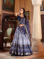 Vastranavya Occasionaly Tussar Silk Dot And Ikkat Print With Foil Work Lehenga Choli - Navy Blue | Grocsy