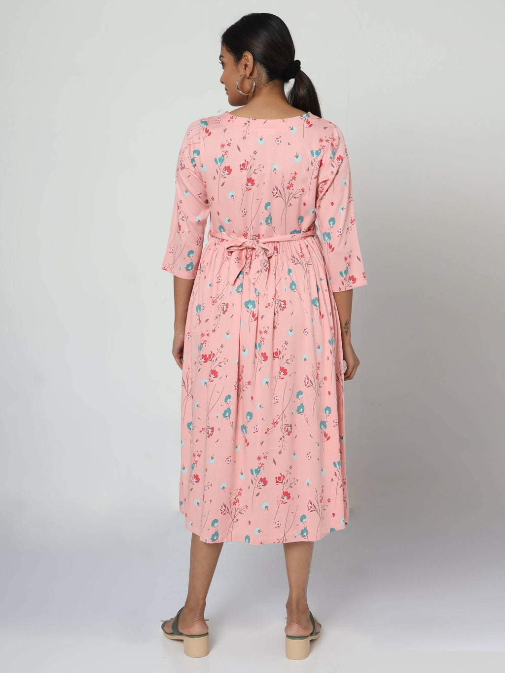 Manet Three Fourth Maternity Dress Floral Print With Concealed Zipper Nursing Access - Peach | Grocsy