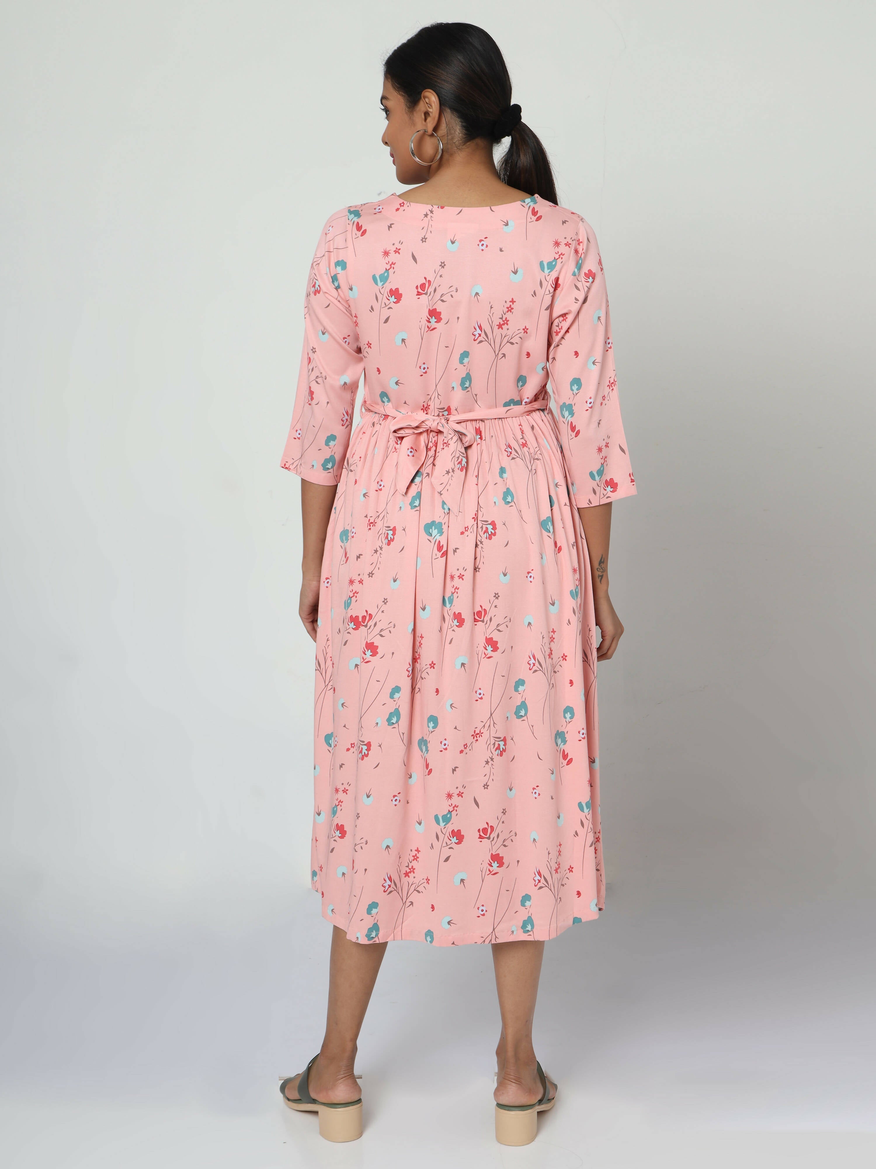 Manet Three Fourth Maternity Dress Floral Print With Concealed Zipper Nursing Access - Peach | Grocsy