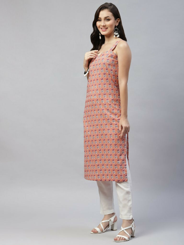 Miravan Women's Floral Printed Strappy Peach Straight Kurta | Grocsy