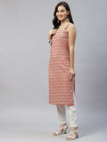 Miravan Women's Floral Printed Strappy Peach Straight Kurta | Grocsy