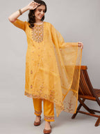 Yellow Organza Embroidered Kurta with Bottom & Dupatta - Salimar | Grocsy