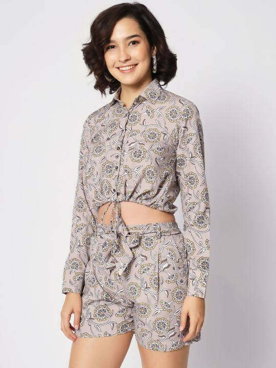Grey Crepe Floral Printed Top with Matching Shorts Set - Shivani | Grocsy