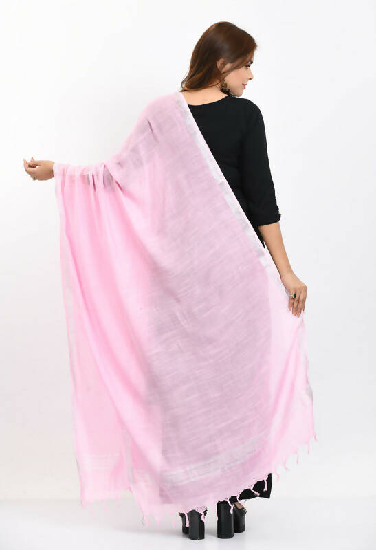 Mominos Fashion Moeza Women's Linen Cotton Silver Border Baby Pink Dupatta | Grocsy