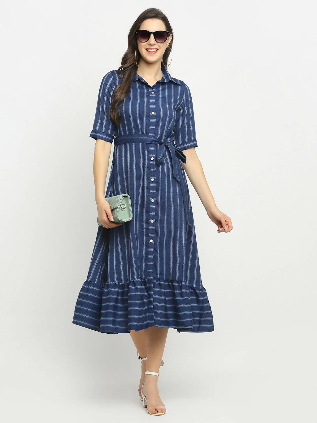 Rudra Bazaar Blue A-Line Striped Kurta | Grocsy