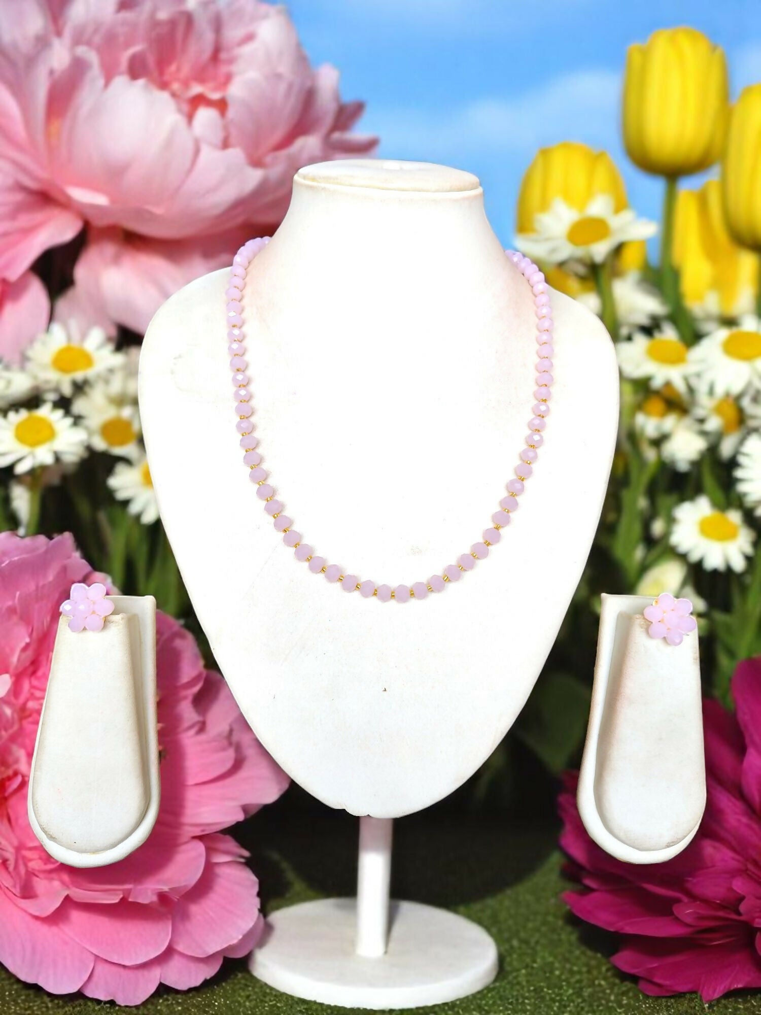 Inhanns Crystal Bloom – Single Line Necklace + Studs - Baby Colour Hai Koi | Grocsy