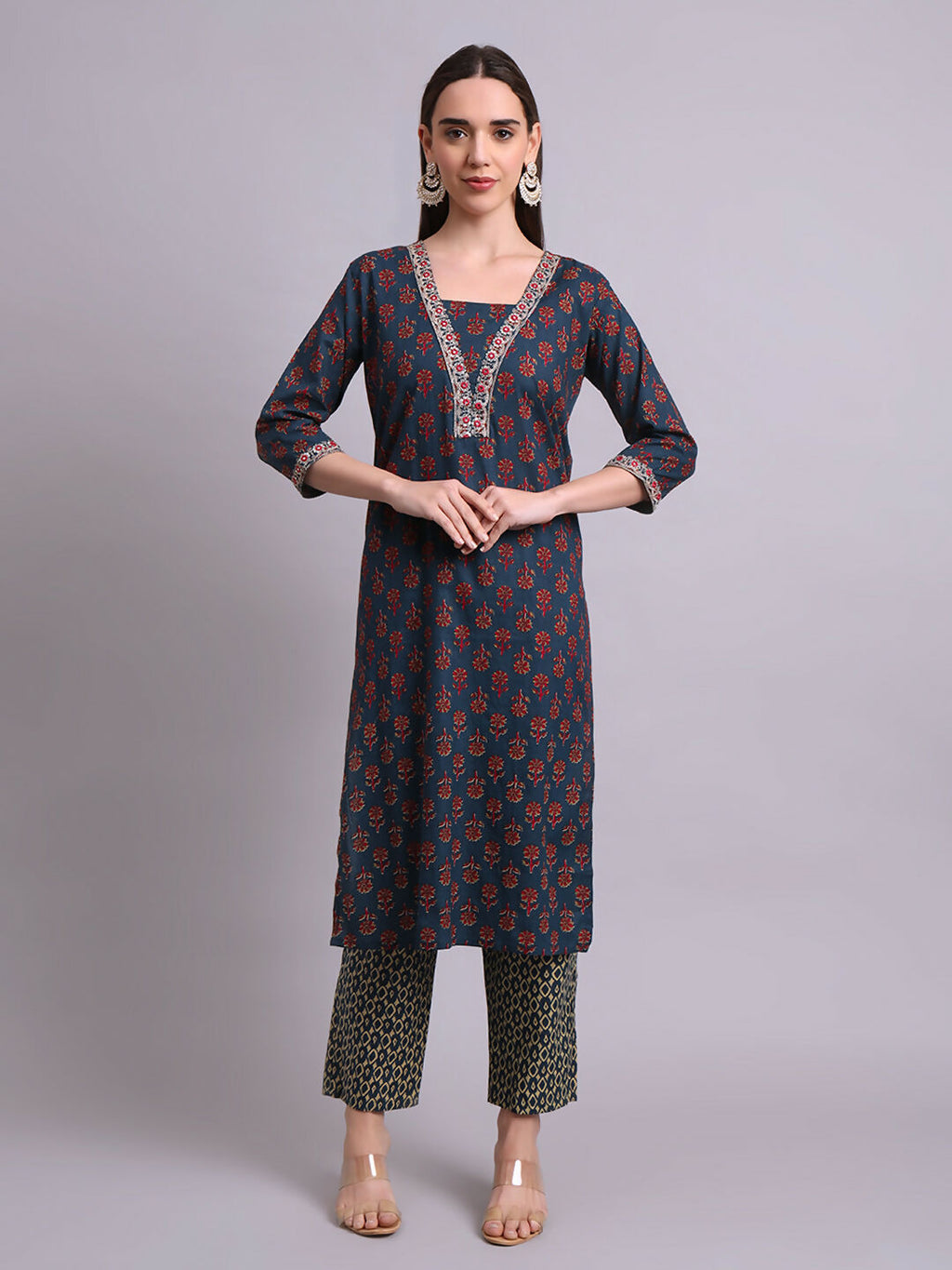 Joban Fashion Blue Cotton Buti Printed & Embroidery Work Kurta With Trousers & Dupatta Set | Grocsy