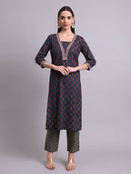 Joban Fashion Blue Cotton Buti Printed & Embroidery Work Kurta With Trousers & Dupatta Set | Grocsy