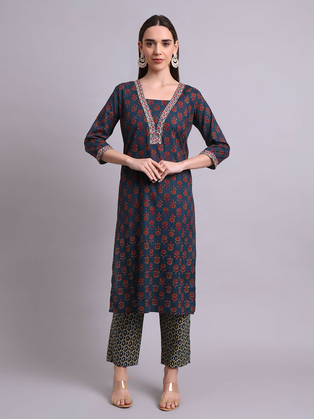 Joban Fashion Blue Cotton Buti Printed & Embroidery Work Kurta With Trousers & Dupatta Set | Grocsy