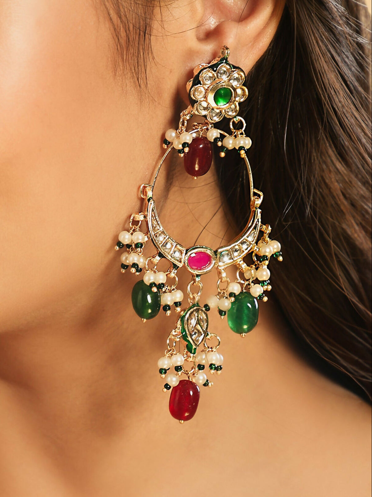 Nuyug 22K Gold Plated Crescent Kundan Drop Red Stone Chandbali Earrings | Grocsy
