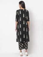 Myshka Women's Black Cotton Blend Printed 3/4 Sleeve Round Neck Casual Kurta & Palazzo Set | Grocsy