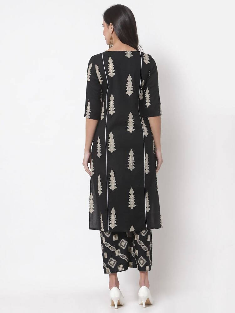 Myshka Women's Black Cotton Blend Printed 3/4 Sleeve Round Neck Casual Kurta & Palazzo Set | Grocsy