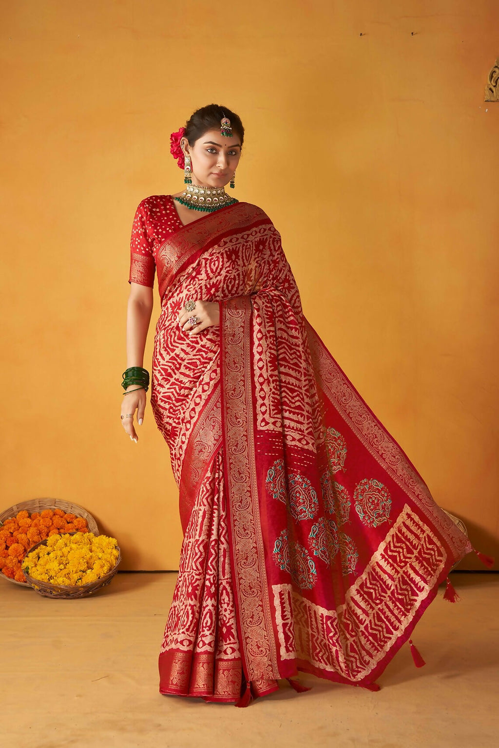 Joban Fashion Kashmiri Silk Zari Border Red Work Saree | Grocsy
