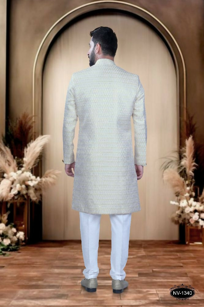 Joban Fashion Men's Yellow & White Cotton Silk Kurta with Pyjama | Grocsy