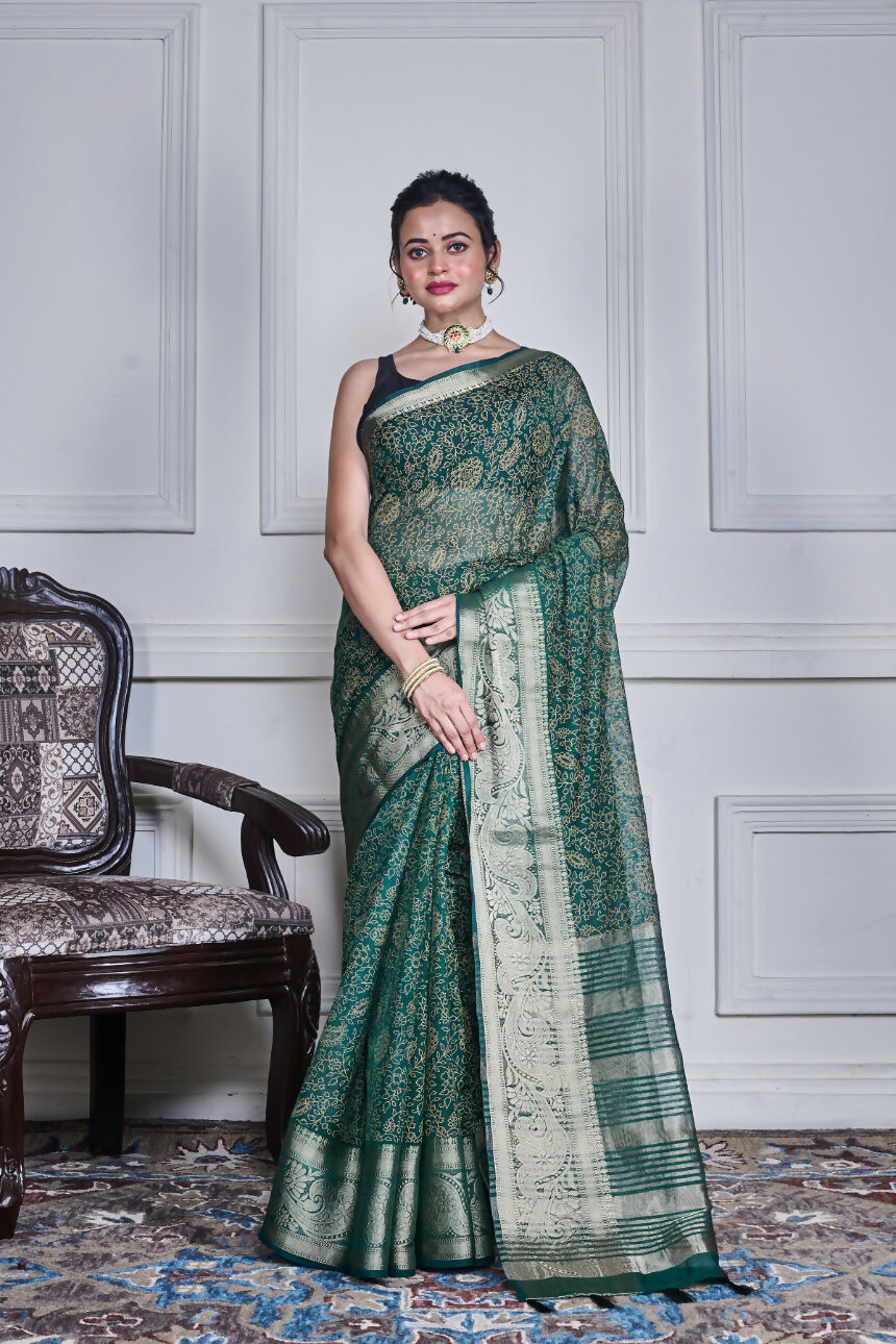 Morchari Green Script Printed Orzanga Saree Unstitched Blouse | Grocsy