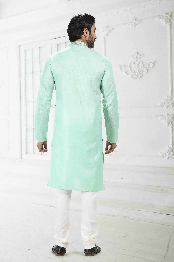 Raivat Ethnic Linen Cotton Thread Work Kurta Pajama In Pista Green Colour | Grocsy