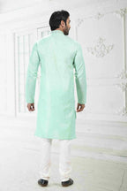 Raivat Ethnic Linen Cotton Thread Work Kurta Pajama In Pista Green Colour | Grocsy