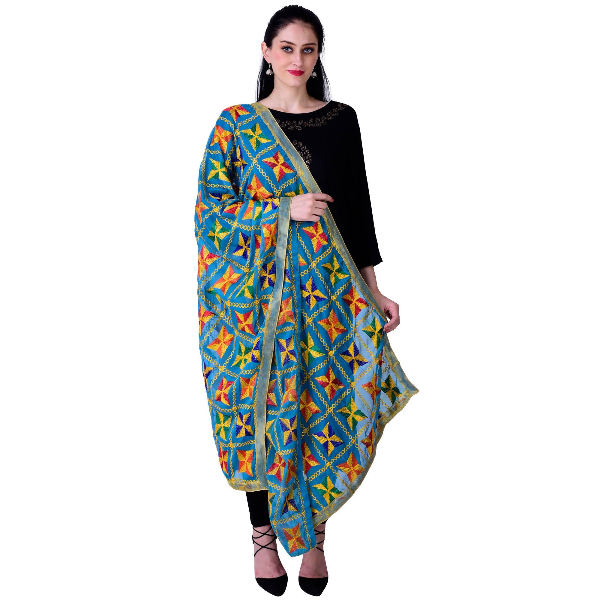 SWI Stylish Women's Embroidered Phulkari Chiffon Turquoise Dupatta | Grocsy